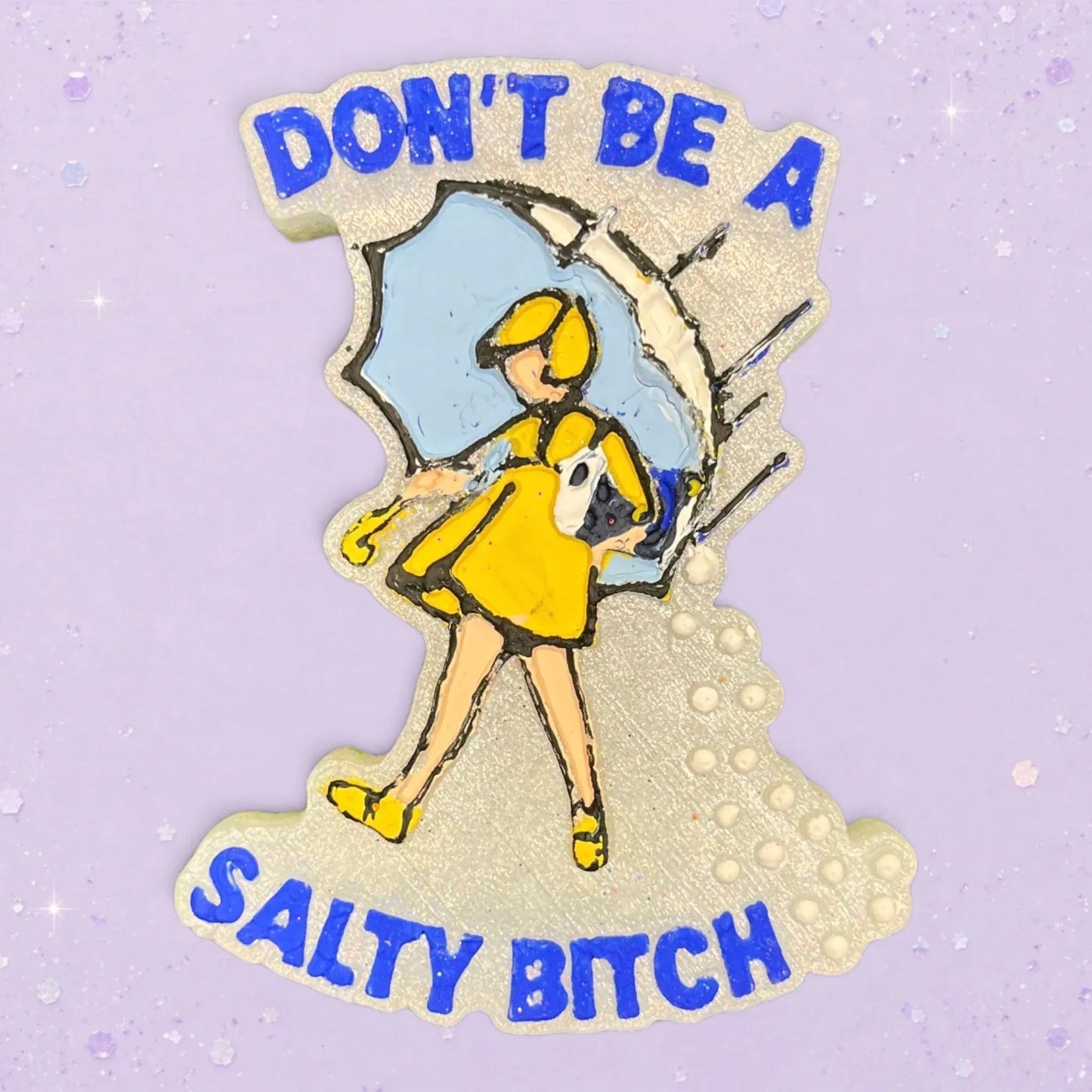 BeFreshie Don't Be A Salty Bitch car air freshener featuring a girl in a yellow raincoat holding a blue umbrella.