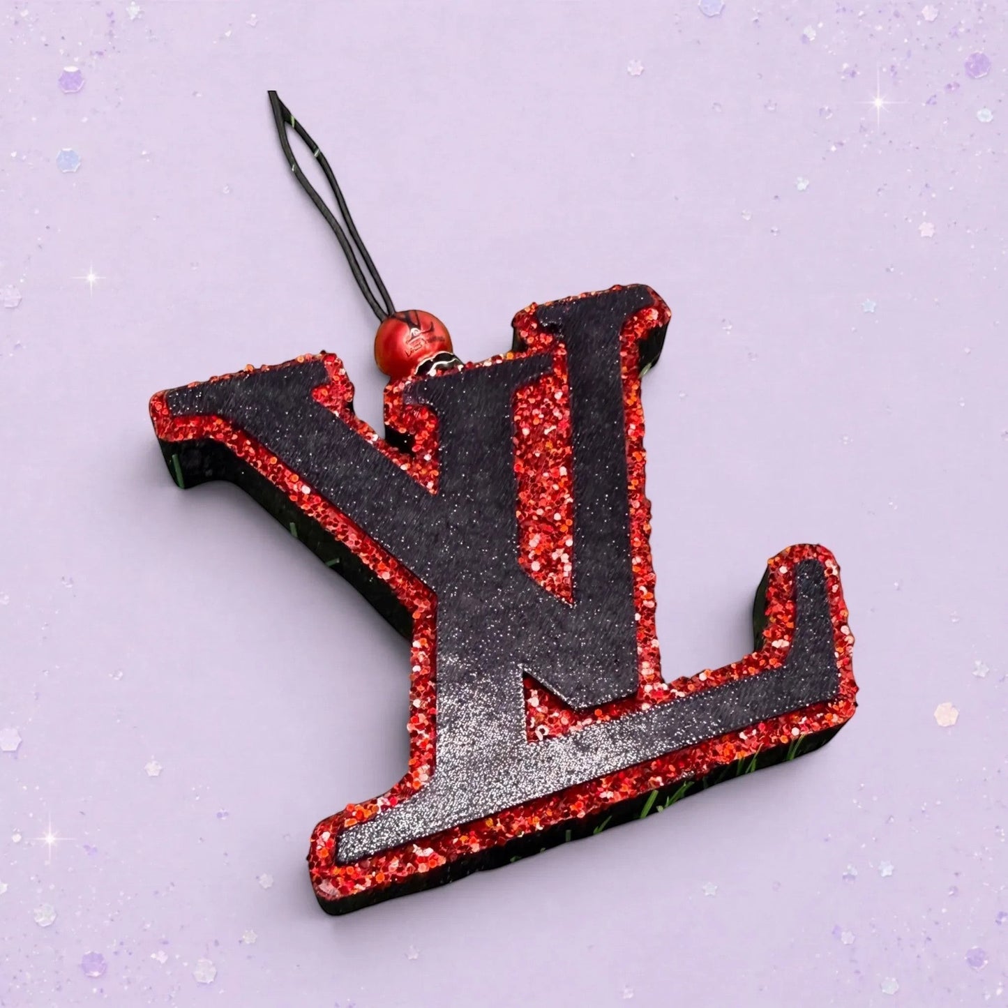 BeFreshie LV freshie car air freshener featuring a black and red glittery designer-inspired logo design.