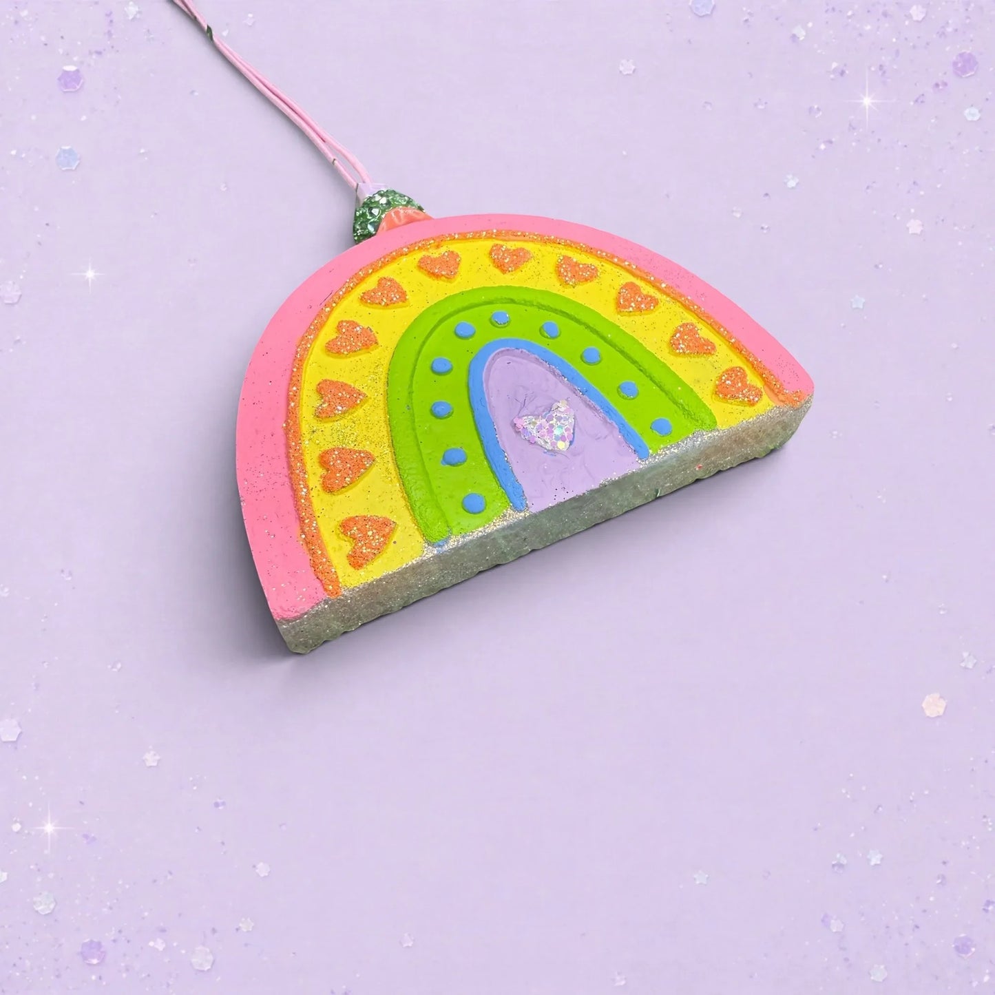 BeFreshie medium rainbow air freshener in full size with vanilla rock candy scent, featuring colorful heart details.
