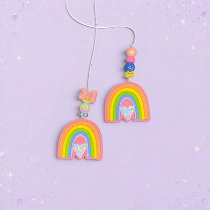 BeFreshie mini rainbow car freshies with Whirly Curlz clips, featuring colorful beads and glitter heart accents.