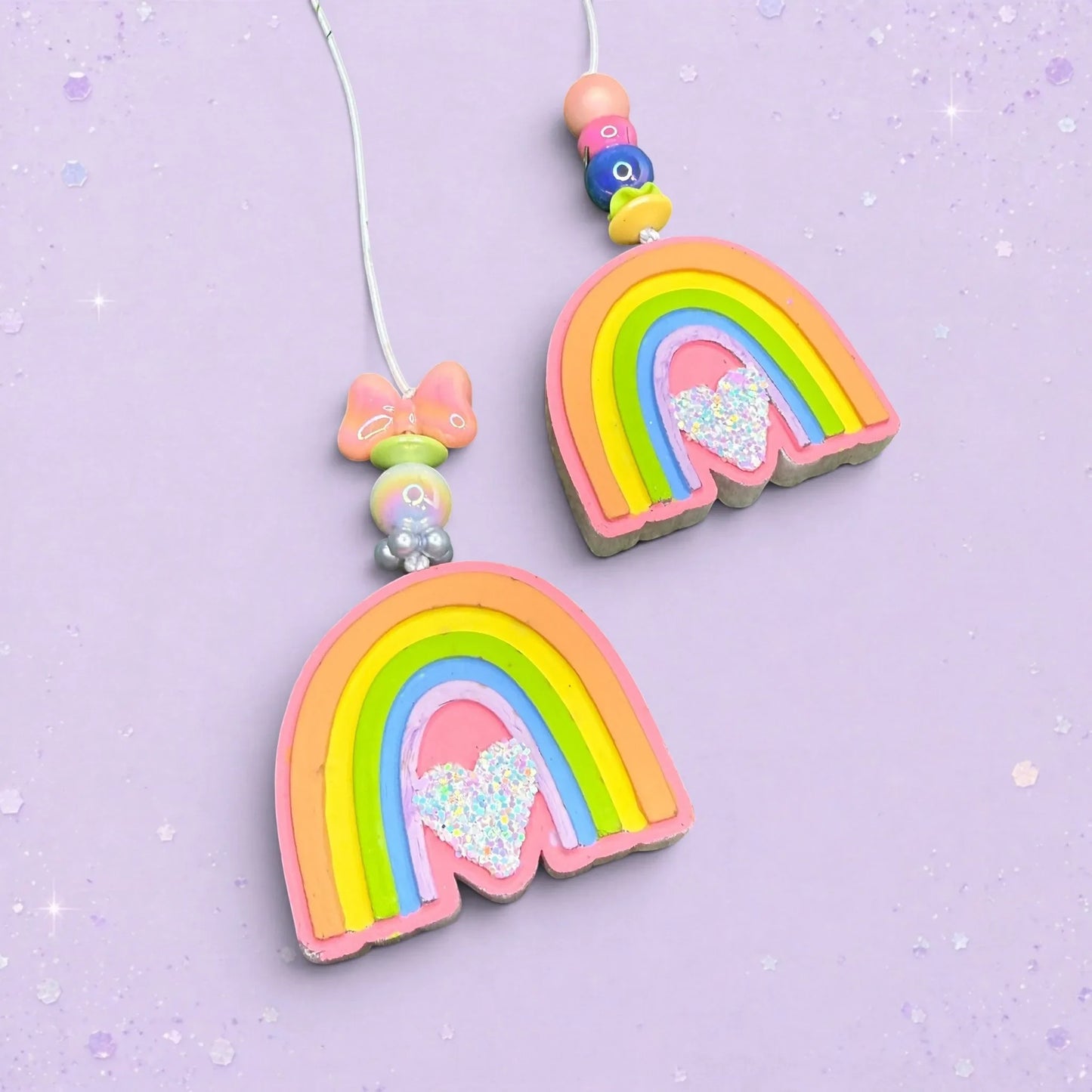 BeFreshie Rainbow Small freshie car air fresheners with glitter heart accents and colorful decorative beads.